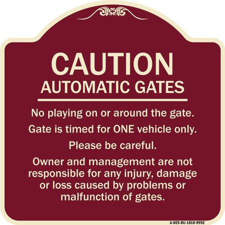 SIGNMISSION Designer Series-Caution Automatic Gates No Playing Gate Is Timed For One, 18" x 18", BU-1818-9992 A-DES-BU-1818-9992